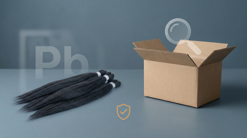 Synthetic braiding hair extensions under laboratory inspection alongside an Amazon shipping box, illustrating heavy metal lead contamination risks in marketplace consumer products identified by Consumer Reports and HMTc third-party certification testing